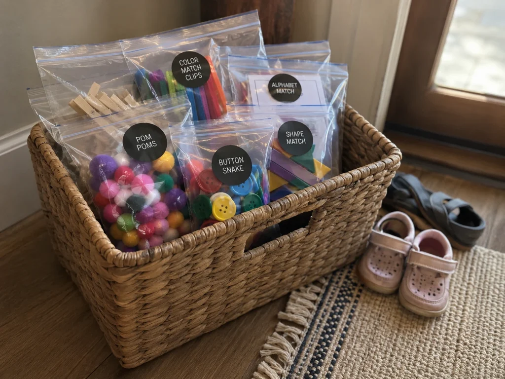 collection of toddler busy bags stored in a basket by the door