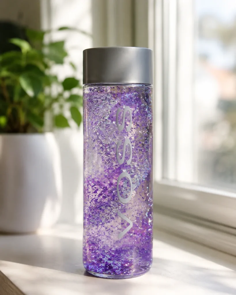 Purple glitter calm-down bottle with glitter slowly settling after a shake