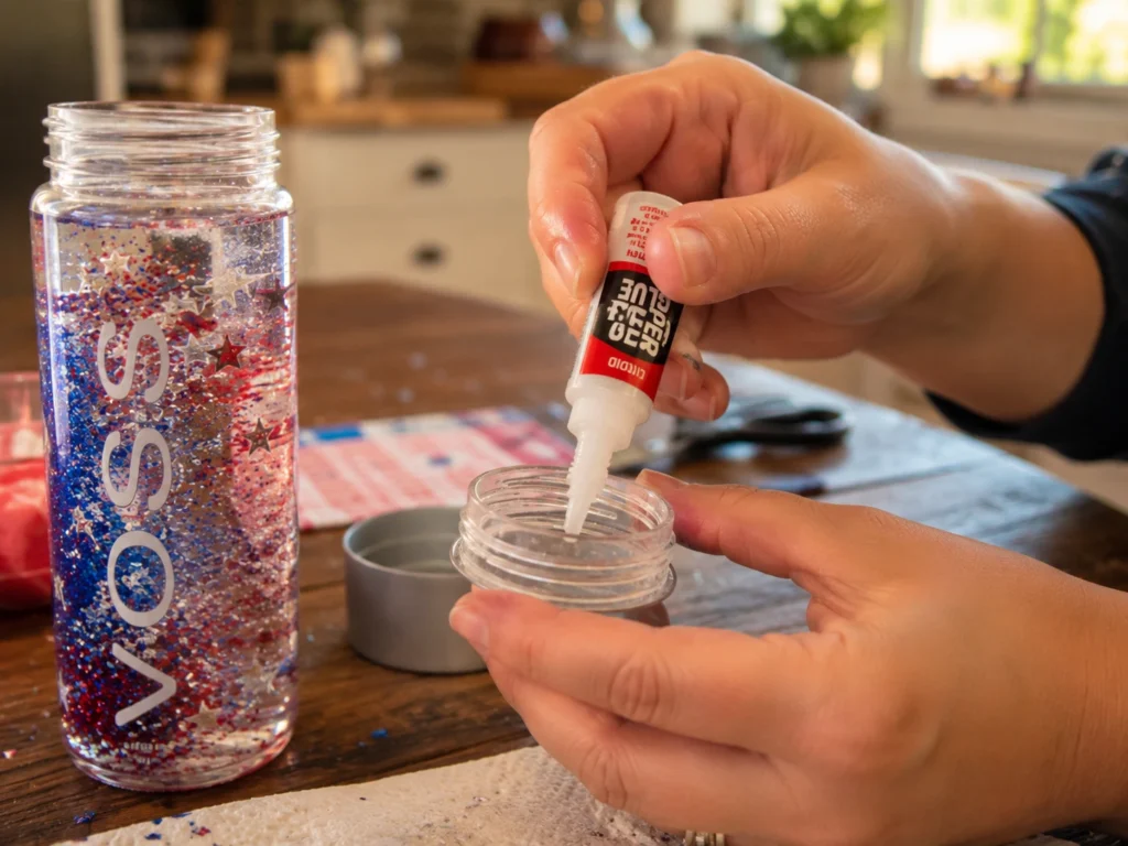Parent gluing the lid shut on a glitter calm-down bottle