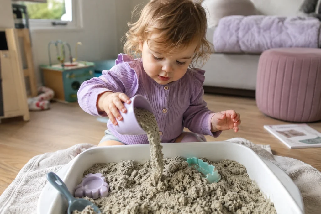 Toddler scooping kinetic sand from a tray during sensory play