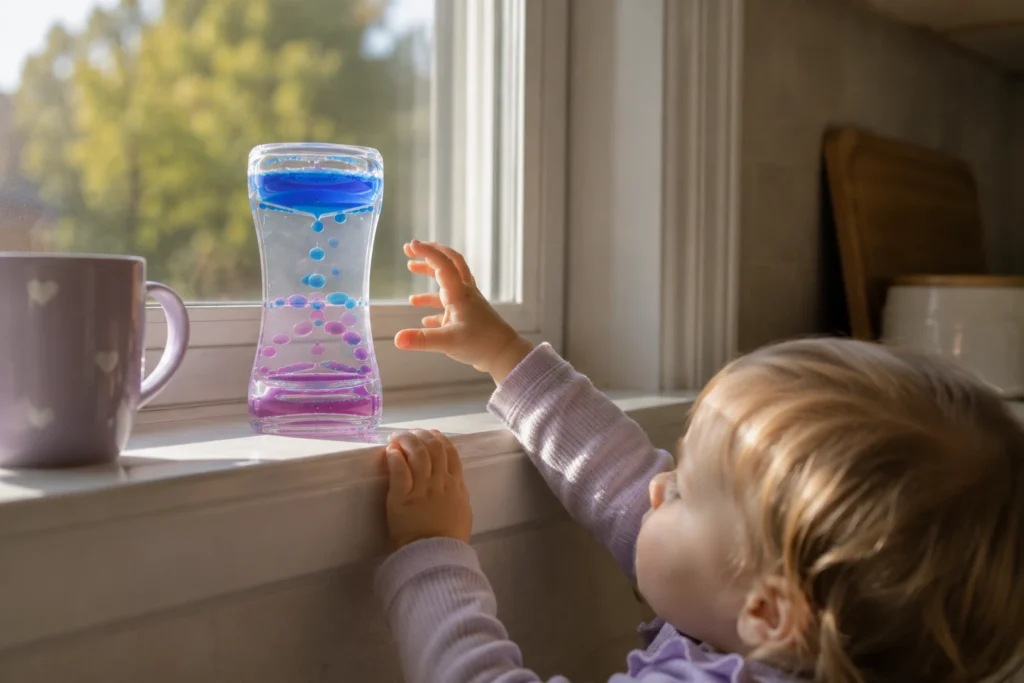 Liquid motion bubbler calm-down sensory toy on a sunny windowsill