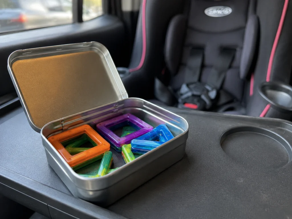 magnetic busy bag in a small metal tin for toddler travel