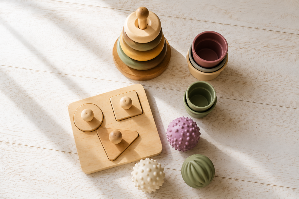 Flat-lay of wooden montessori toys for 1 year old play including stacking rings, nesting cups, and a knob puzzle
montessori toys for 1 year old