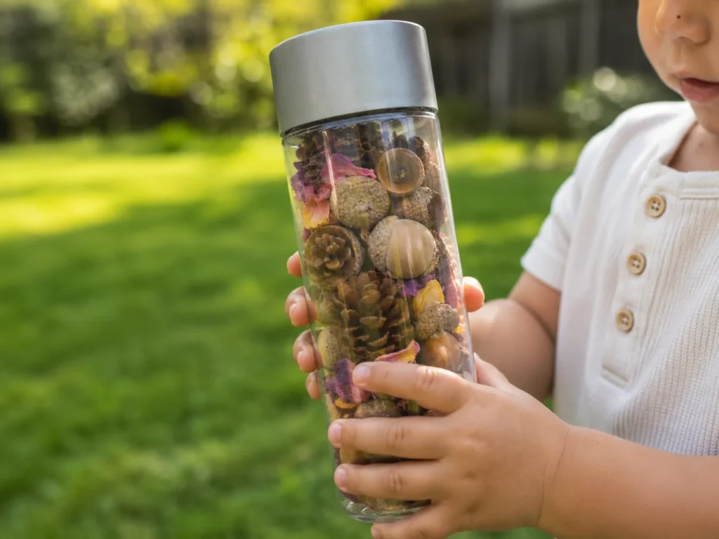 Nature discovery bottle with acorns and pinecones a toddler collected on a walk