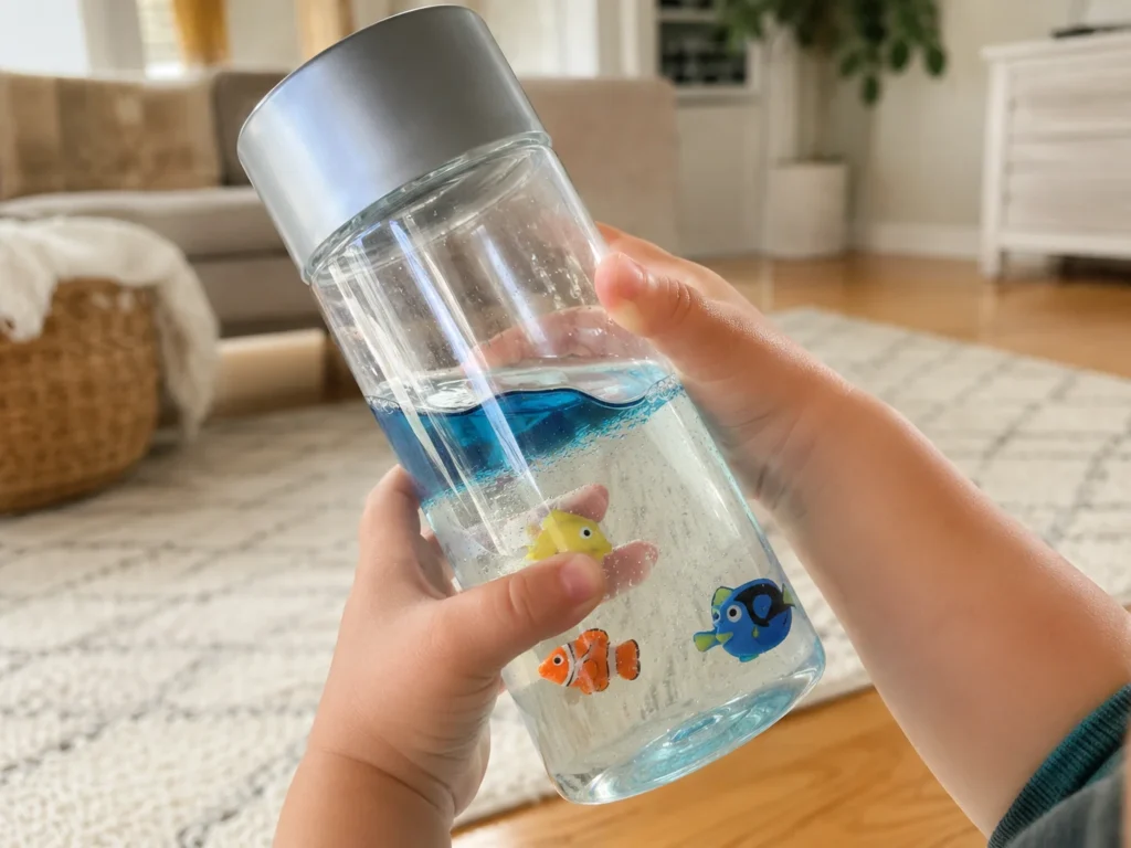 Ocean wave bottle for toddlers with blue water, baby oil, and a tiny plastic fish