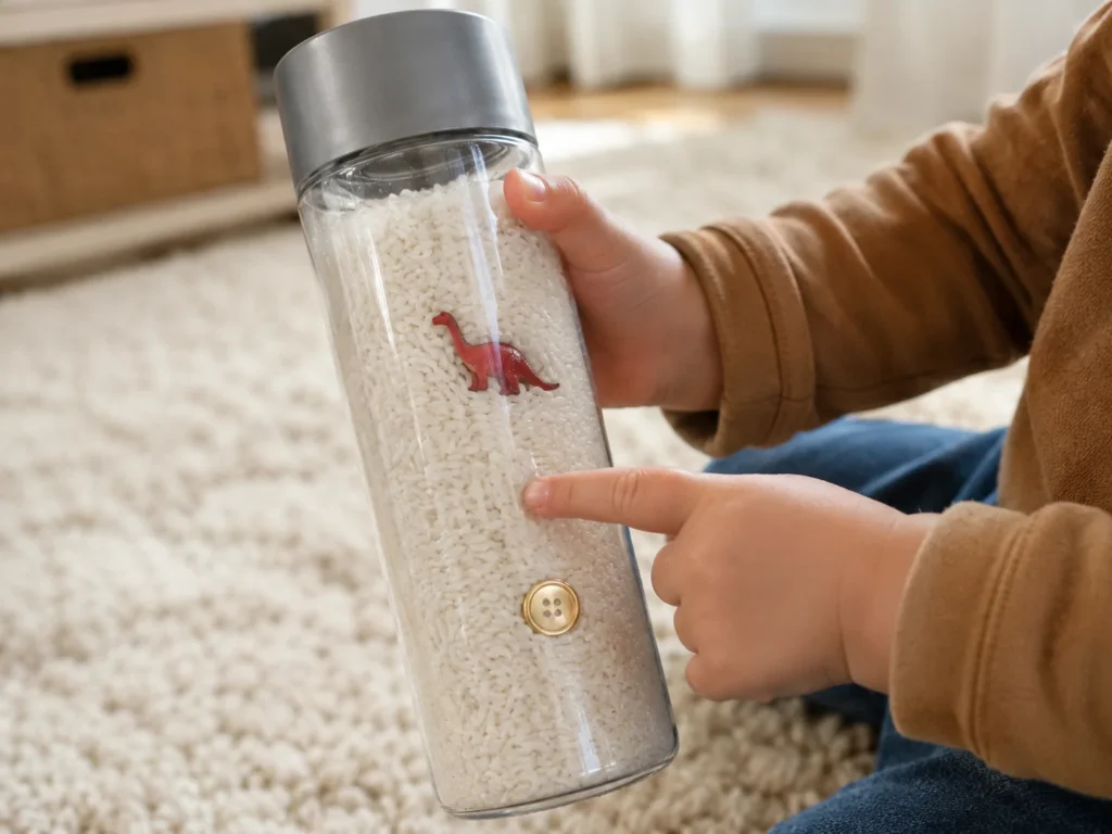 Rice I-spy treasure bottle with hidden toy dinosaur for toddler quiet play