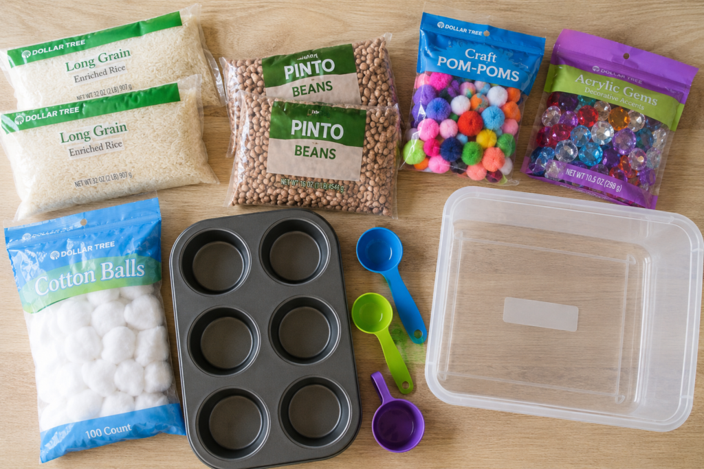 dollar tree sensory bins Flat-lay of cheap Dollar Tree supplies for a toddler sensory bin
