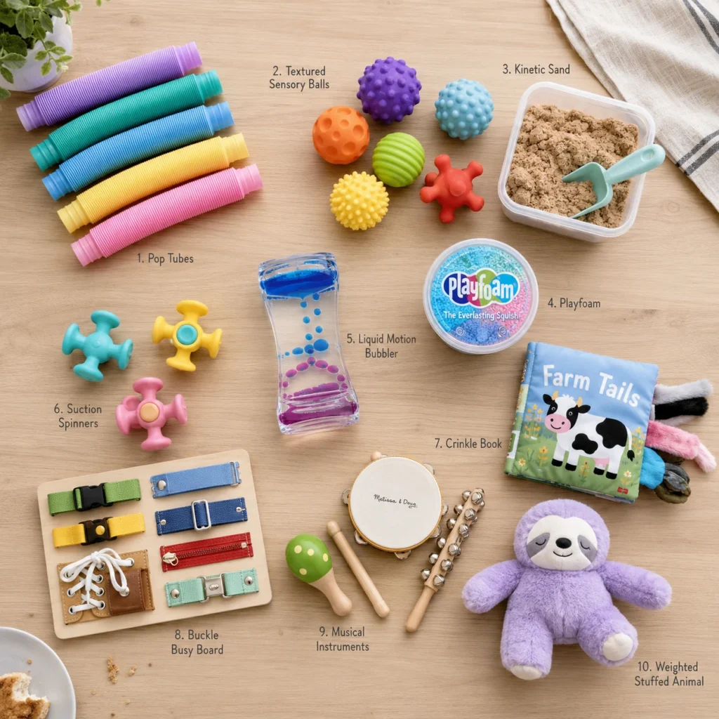 Flat lay of 10 sensory toys for toddlers including pop tubes, kinetic sand, and a busy board