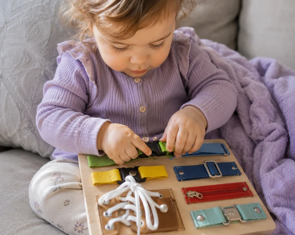 Toddler practicing fine motor skills on a buckle busy board
