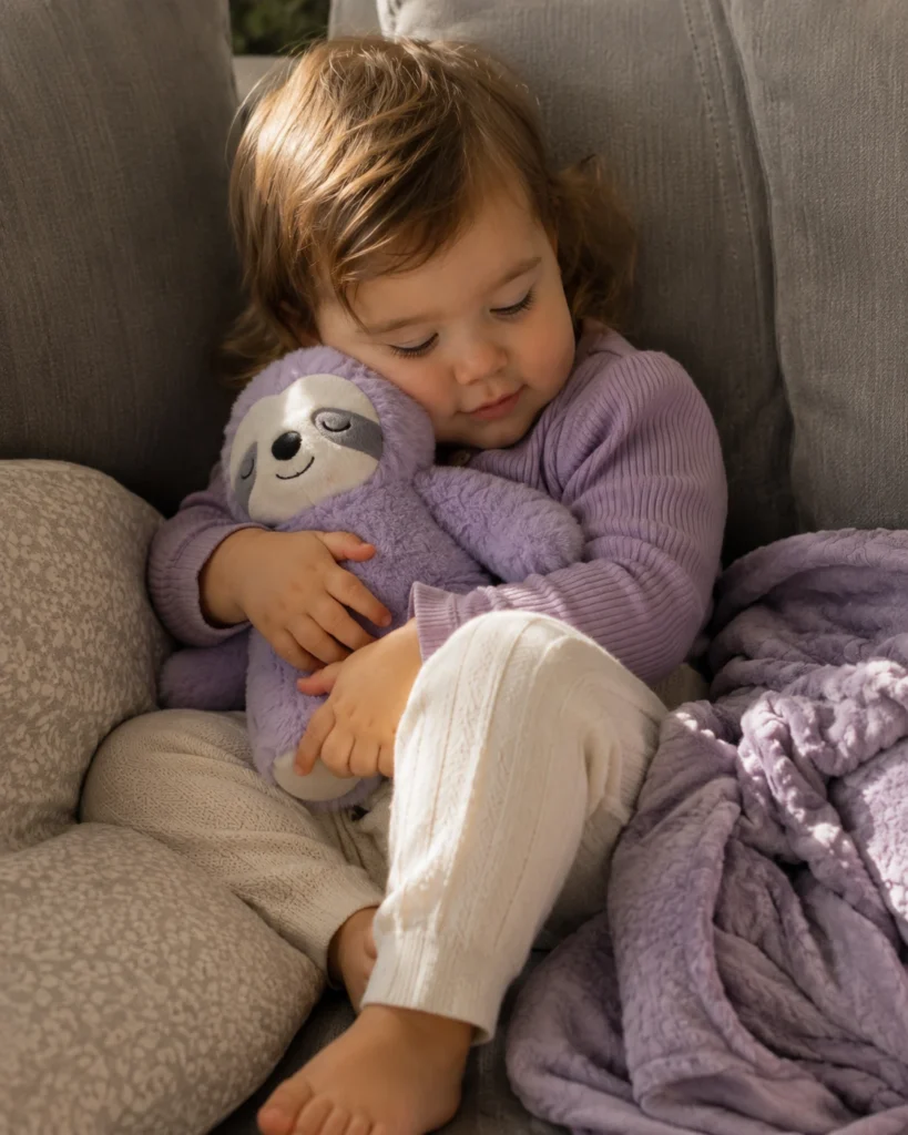Toddler cuddling a weighted sensory plush to calm down
